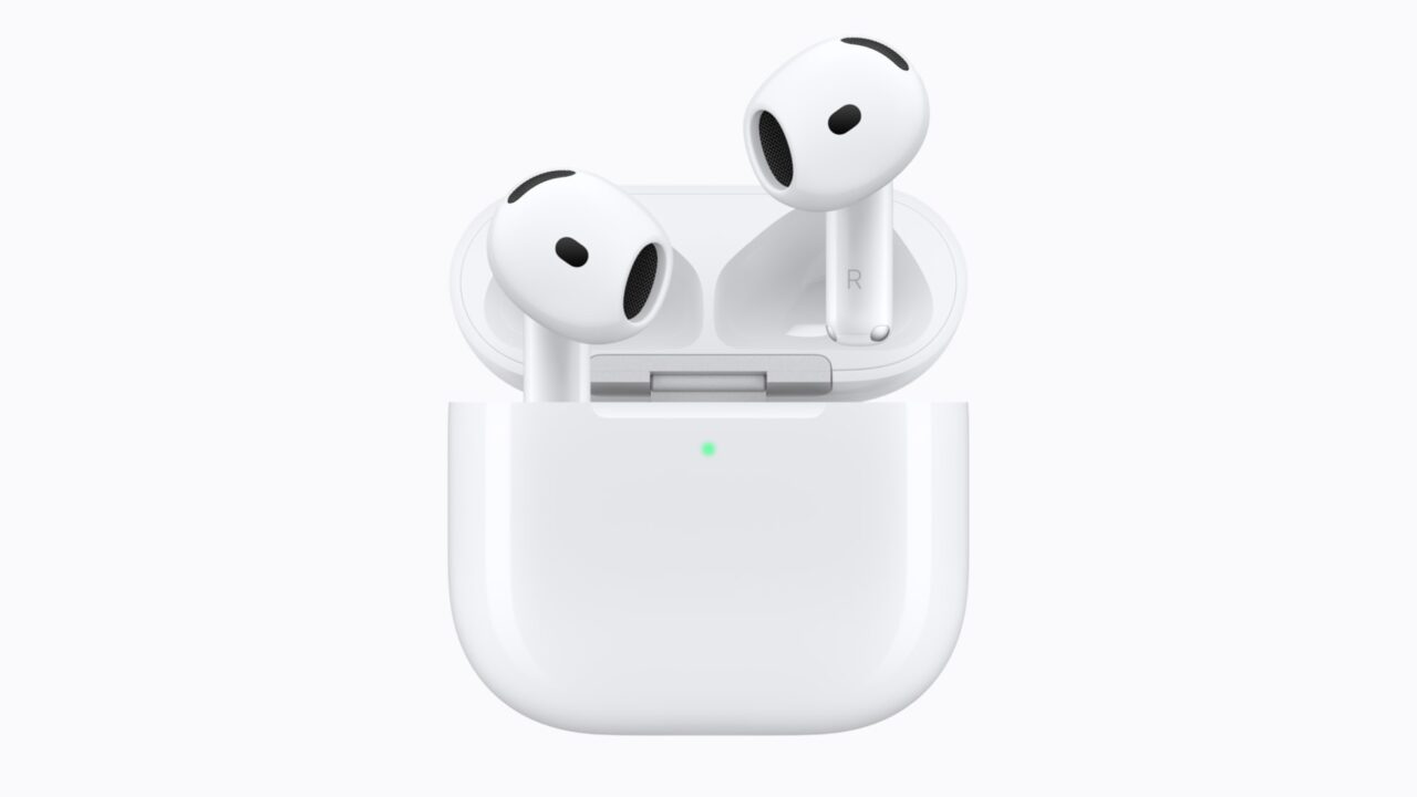 A photo of AirPods 5 and their charging case.