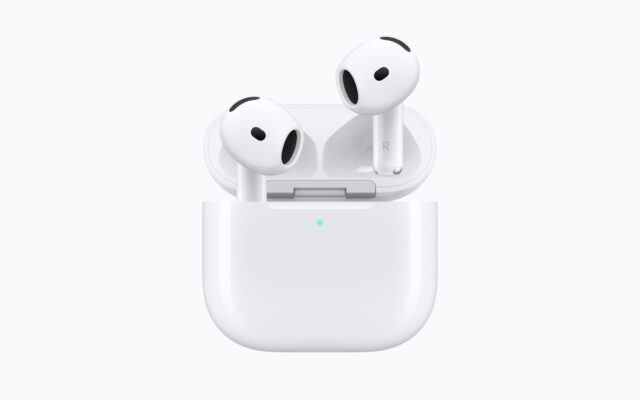 A photo of AirPods 5 and their charging case.