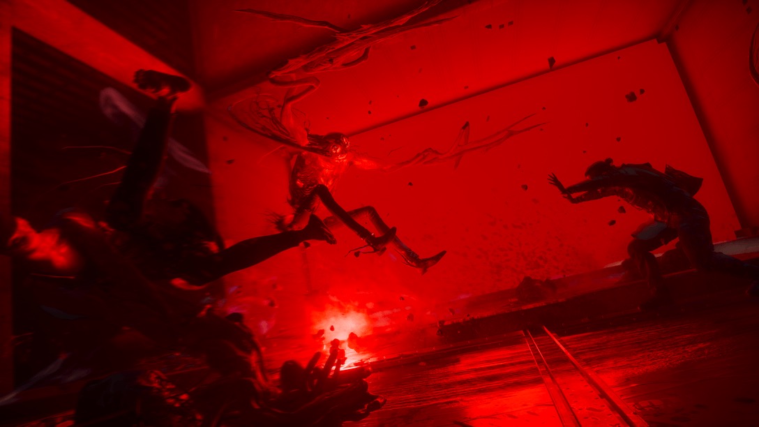 Control Resonant combat scene in a red-lit room
