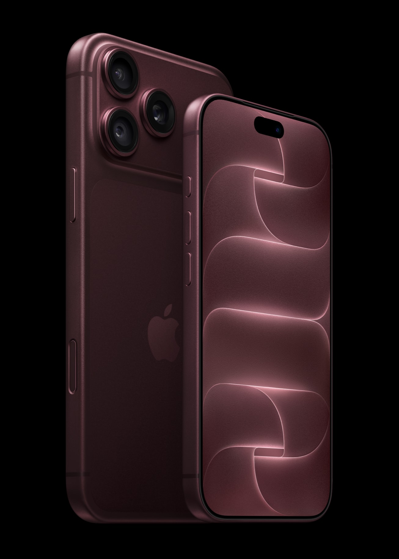 The front of a burgundy iPhone 18 Pro next to a rear-facing burgundy iPhone 18 Pro Max