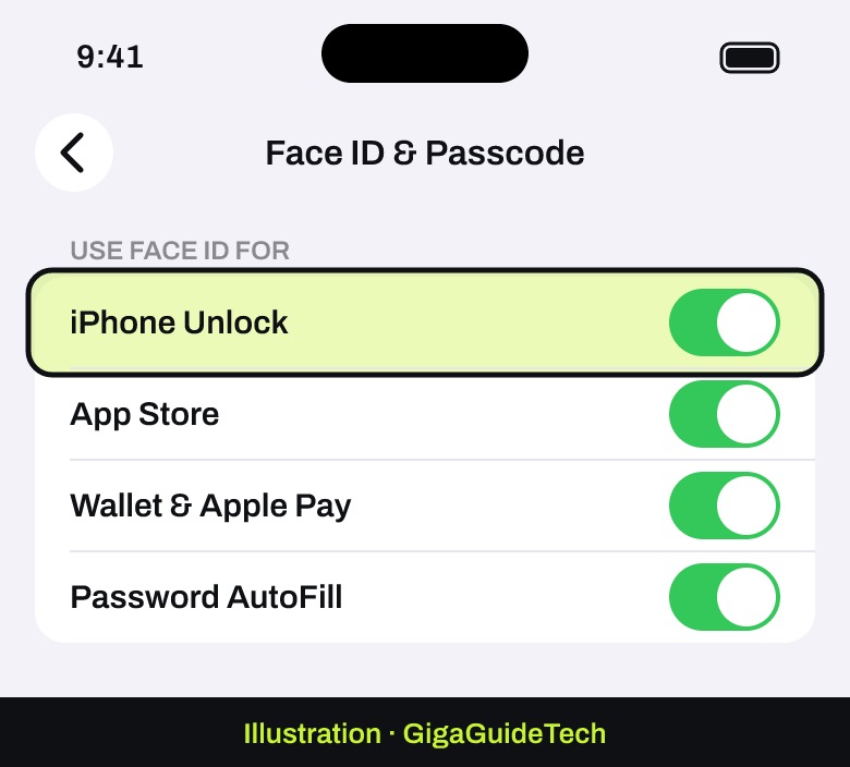 Illustration: Settings > Face ID & Passcode: check that Face ID is on for what you want to use it with