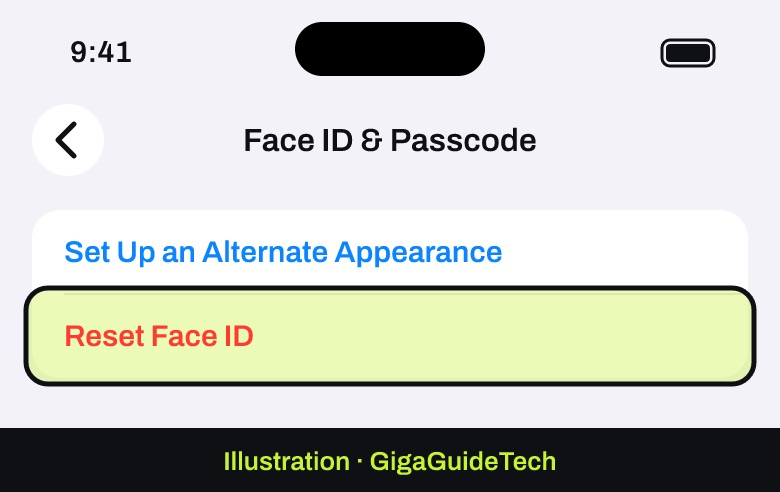 Illustration: Settings > Face ID & Passcode > Reset Face ID, then set it up again