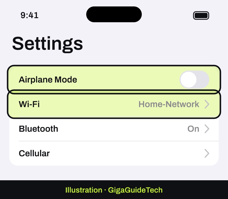 Illustration: Settings: check that Airplane Mode is off, then tap Wi-Fi