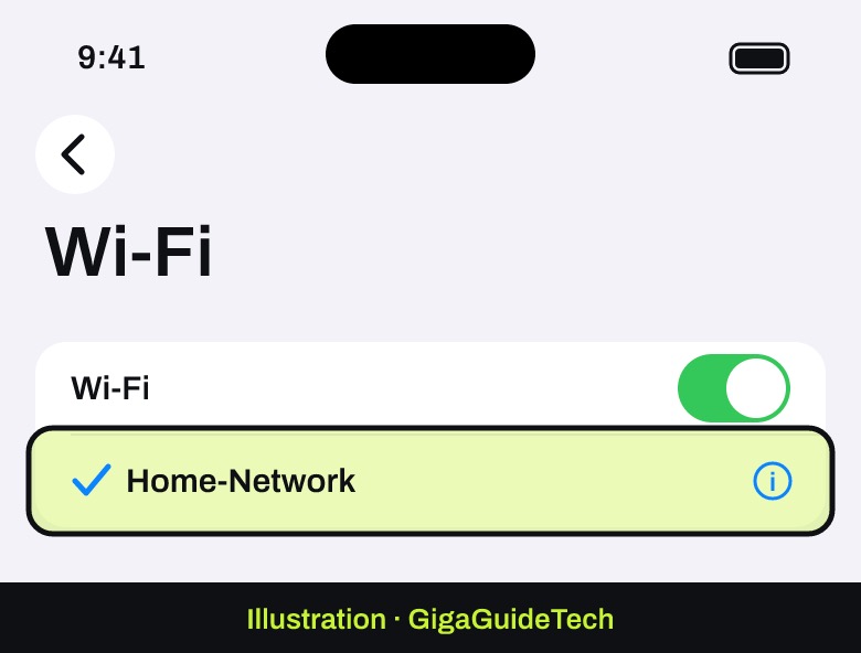 Illustration: Settings > Wi-Fi: Wi-Fi on and a blue checkmark next to your network