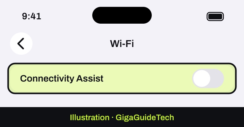 Illustration: Recent iOS: Settings > Wi-Fi, bottom of the screen > Connectivity Assist off