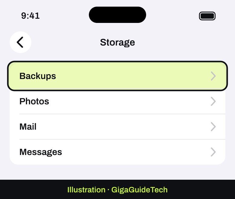 Illustration: Storage > Backups, then tap your device's name