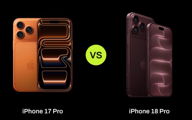 iPhone 17 Pro in cosmic orange next to iPhone 18 Pro in burgundy