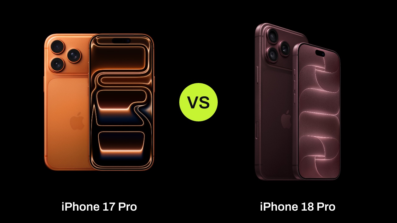iPhone 17 Pro in cosmic orange next to iPhone 18 Pro in burgundy