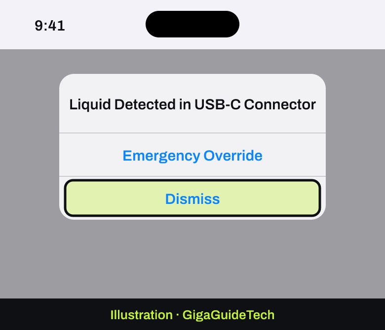 Illustration: The alert on USB-C iPhones: tap Dismiss, unplug and let the connector dry. Use Emergency Override only if you truly must charge