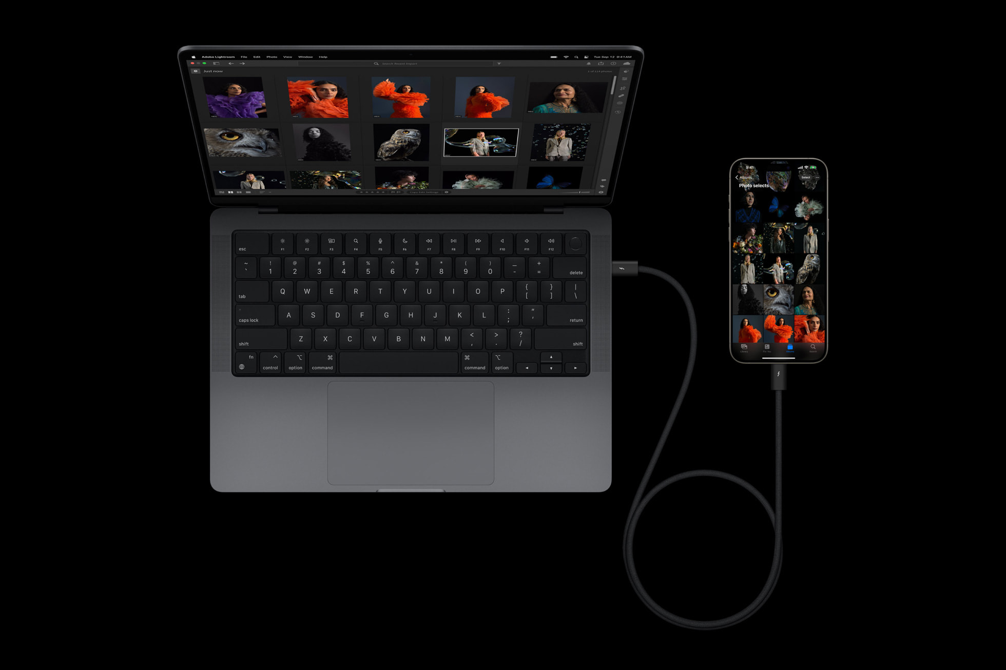 iPhone connected to a MacBook Pro with a USB-C cable