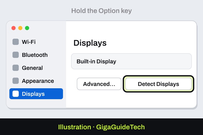 Illustration: System Settings > Displays: hold Option to reveal Detect Displays, then click it