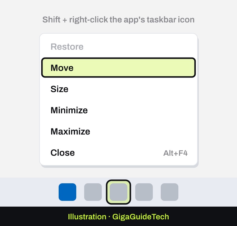 Illustration: Hold Shift and right-click the app's taskbar icon, then choose Move