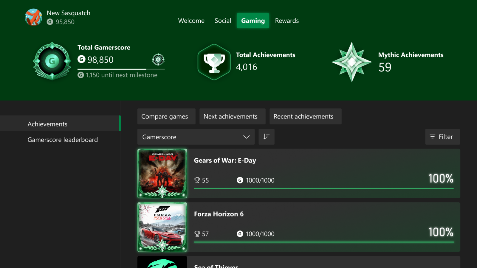 Xbox profile showing a Mythic Achievements count next to Gamerscore and total achievements