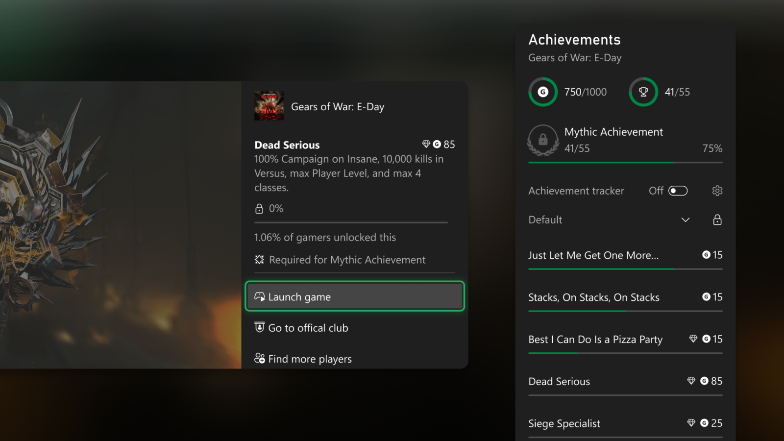 Gears of War: E-Day achievement list showing progress toward its Mythic Achievement