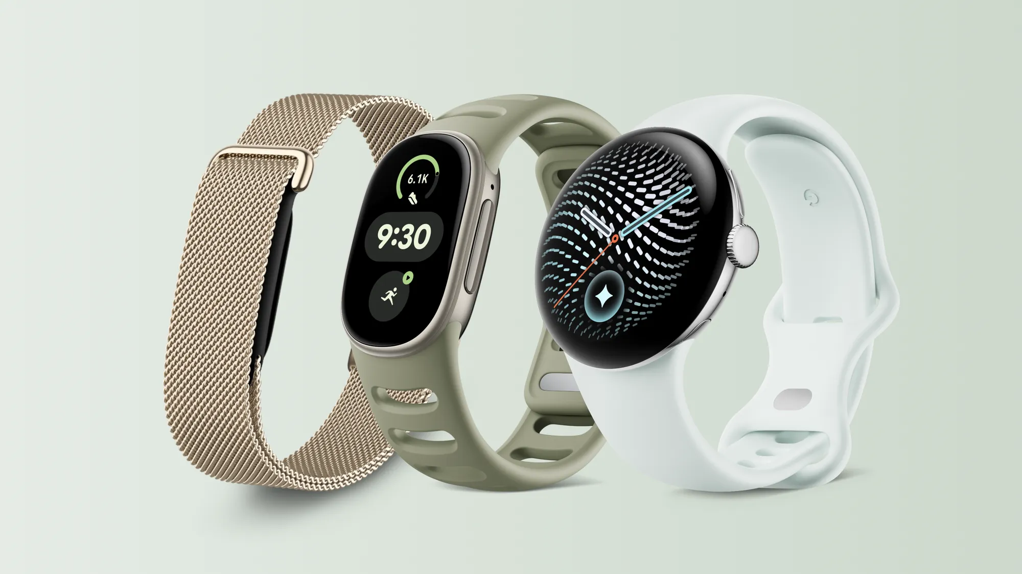 The photo shows Fitbit Air, Fitbit Edge, and Pixel Watch 5.