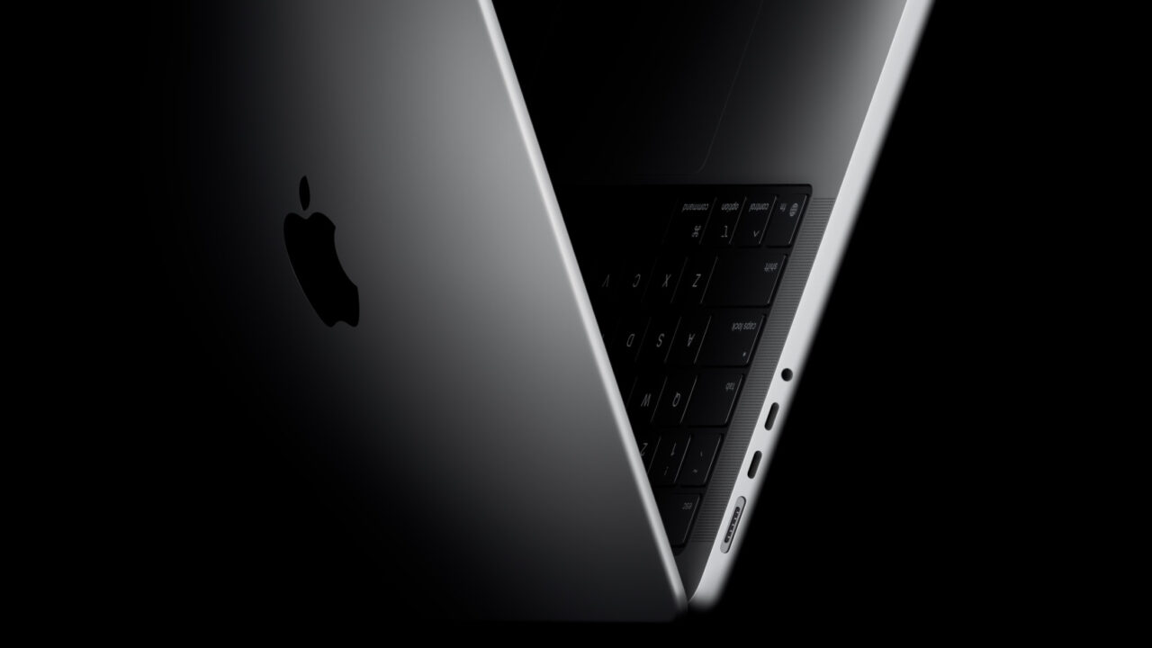 MacBook Pro positioned into the shape of a V, referencing the M5 chip