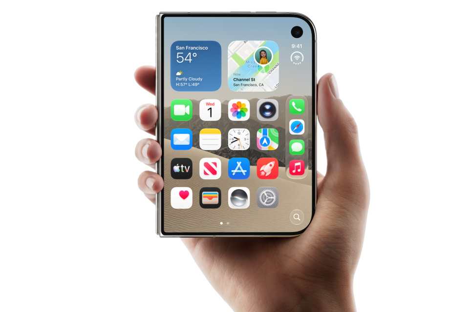 The iPhone Duo folded and held in one hand
