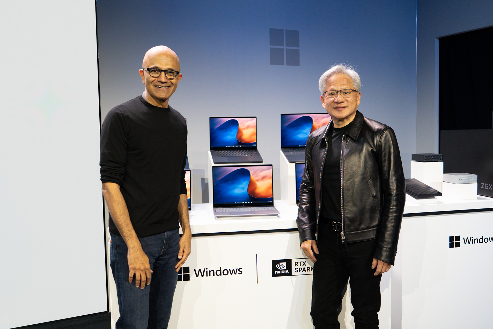 Microsoft Chairman and CEO Satya Nadella and Jensen Huang, founder, president and CEO of NVIDIA, at a Windows and Surface news event in San Francisco.