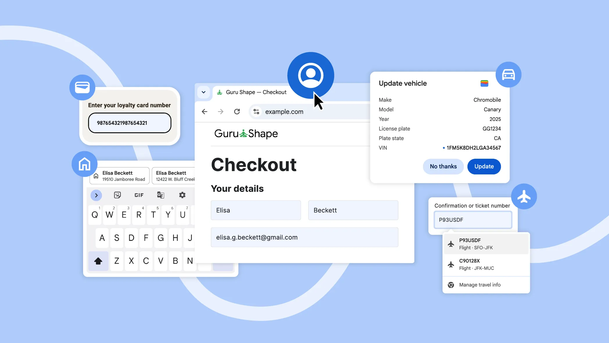 Image showing various autofill features, including the ability to enter flight and vehicle information, loyalty card numbers, and more