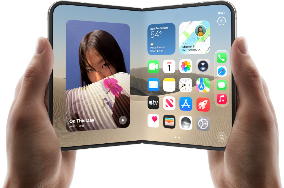 Two hands holding the unfolded iPhone Duo, showing its inner display