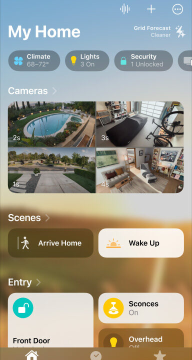 iPhone displaying my home, cameras, scenes, and entry
