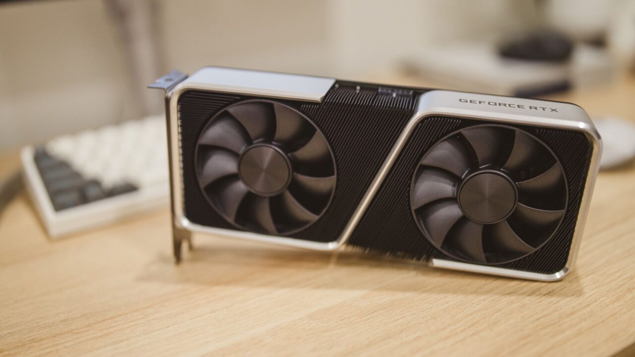 NVIDIA GeForce RTX graphics card on a desk