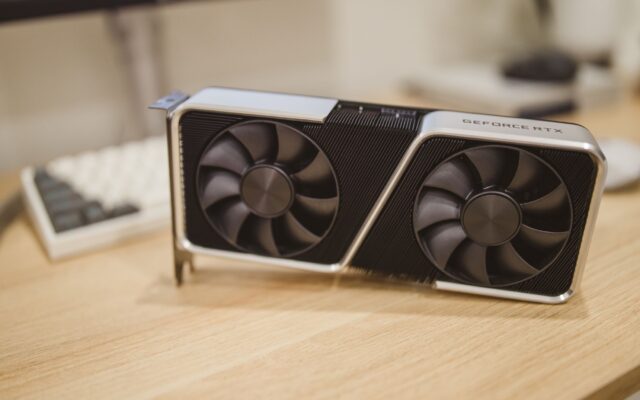 NVIDIA GeForce RTX graphics card on a desk