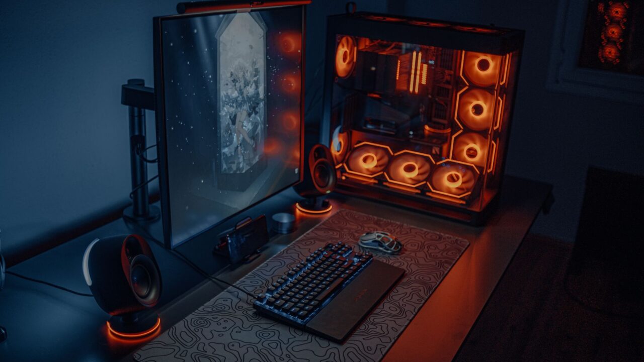 Gaming PC desk setup with RGB lighting