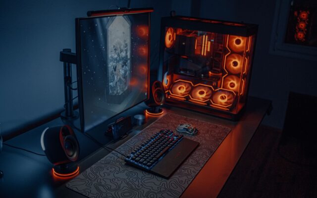 Gaming PC desk setup with RGB lighting