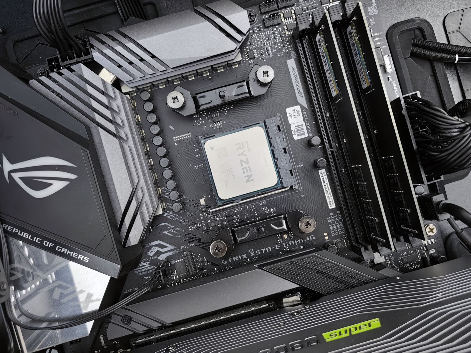 An AMD Ryzen processor installed on a motherboard