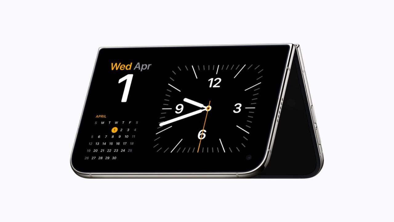 iPhone Duo folded and propped up horizontally in StandBy, showing a clock and calendar