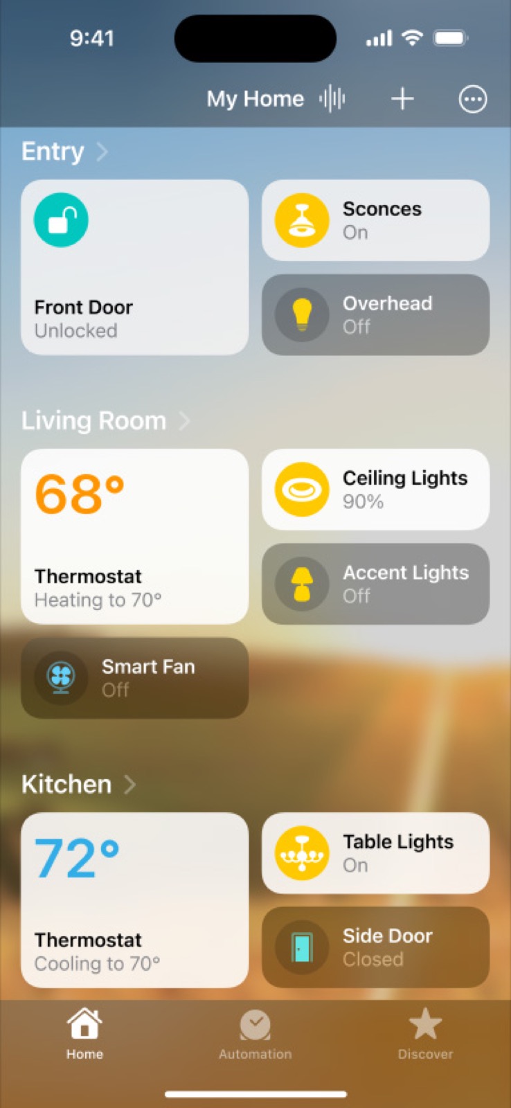 Apple Home app showing a thermostat and lights