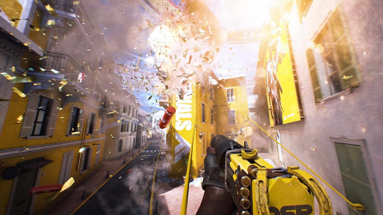 The Finals gameplay screenshot of a building exploding on a city street