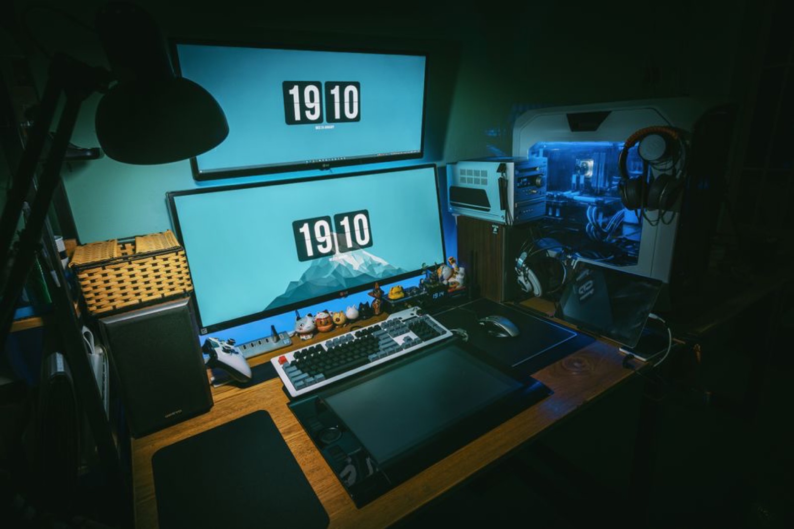 A gaming desk with dual monitors