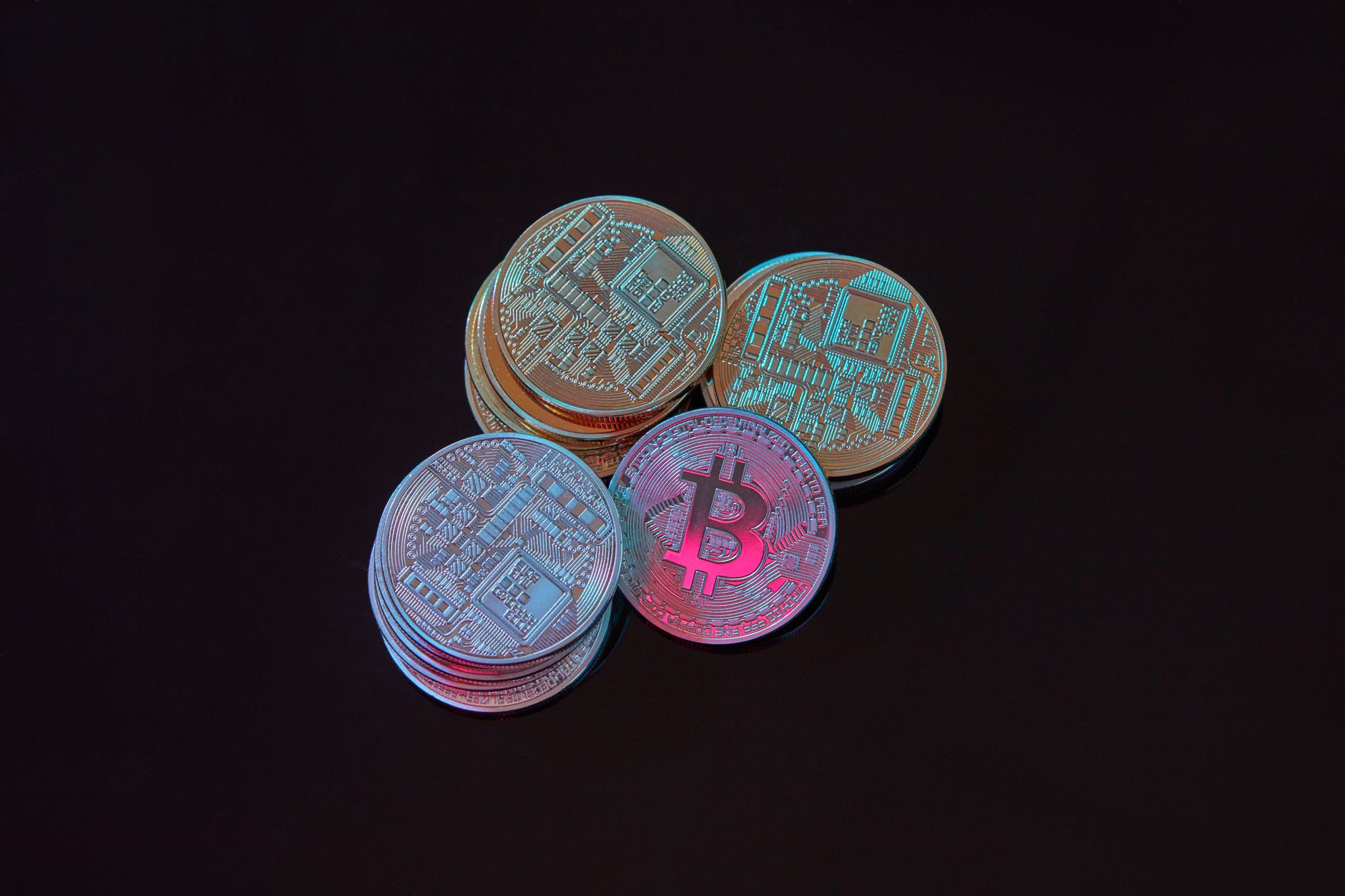 A stack of physical Bitcoin coins