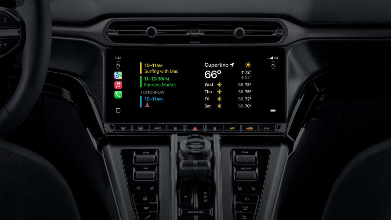 CarPlay screen showing calendar and weather widgets side by side