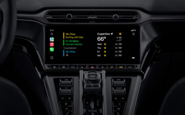 CarPlay screen showing calendar and weather widgets side by side