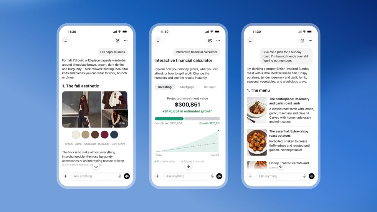 ChatGPT's Intelligent UI showing visual, interactive answers on three phone screens