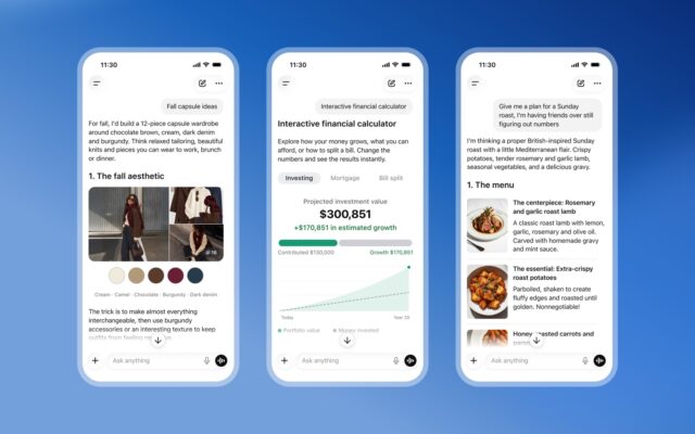 ChatGPT's Intelligent UI showing visual, interactive answers on three phone screens