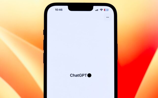 A smartphone showing the ChatGPT app against a colorful background