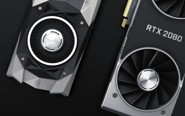 Close-up of two high-performance RTX 2080 graphics cards showcasing their sleek design and cooling fans.