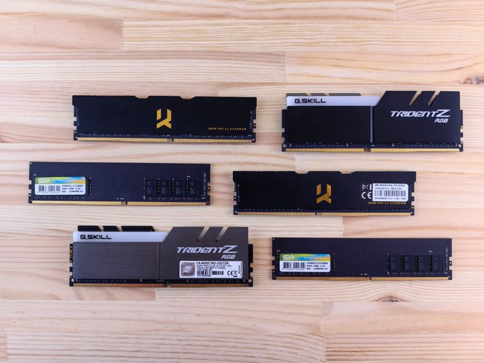 Several RAM memory sticks laid out side by side