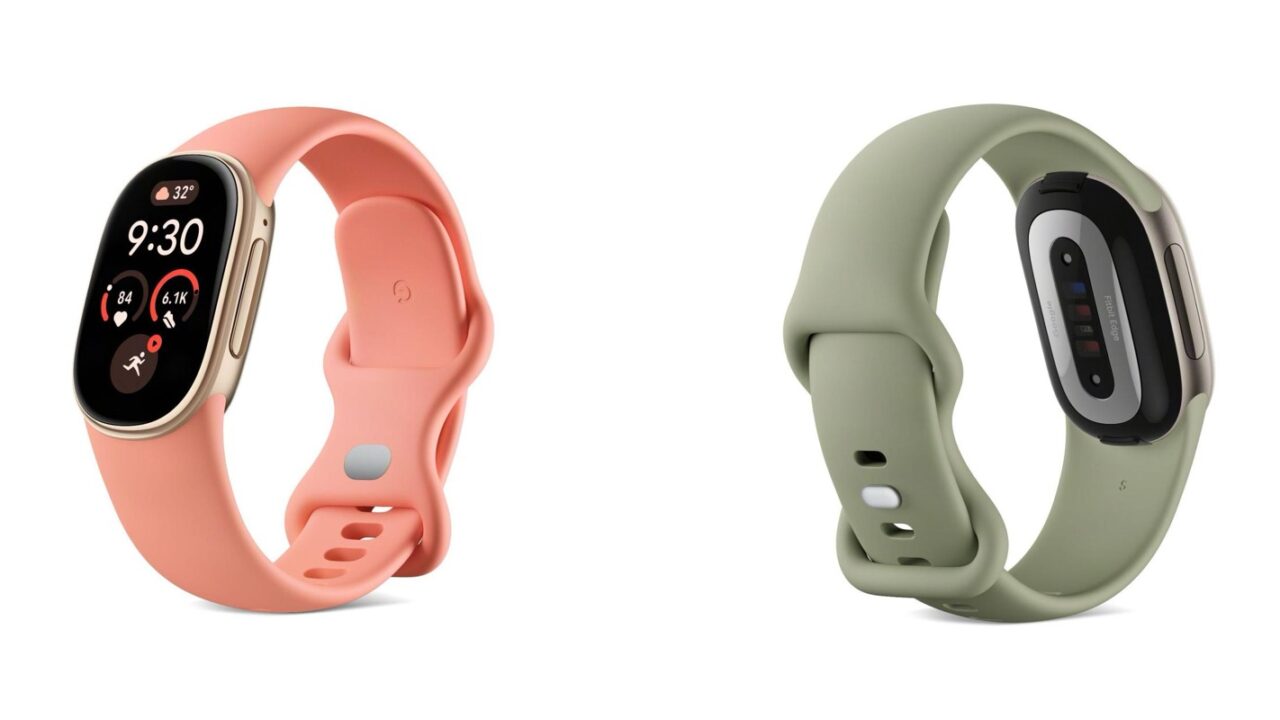 The Fitbit Edge shown from the front in Canyon and from the back in Olive