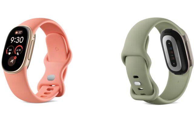The Fitbit Edge shown from the front in Canyon and from the back in Olive