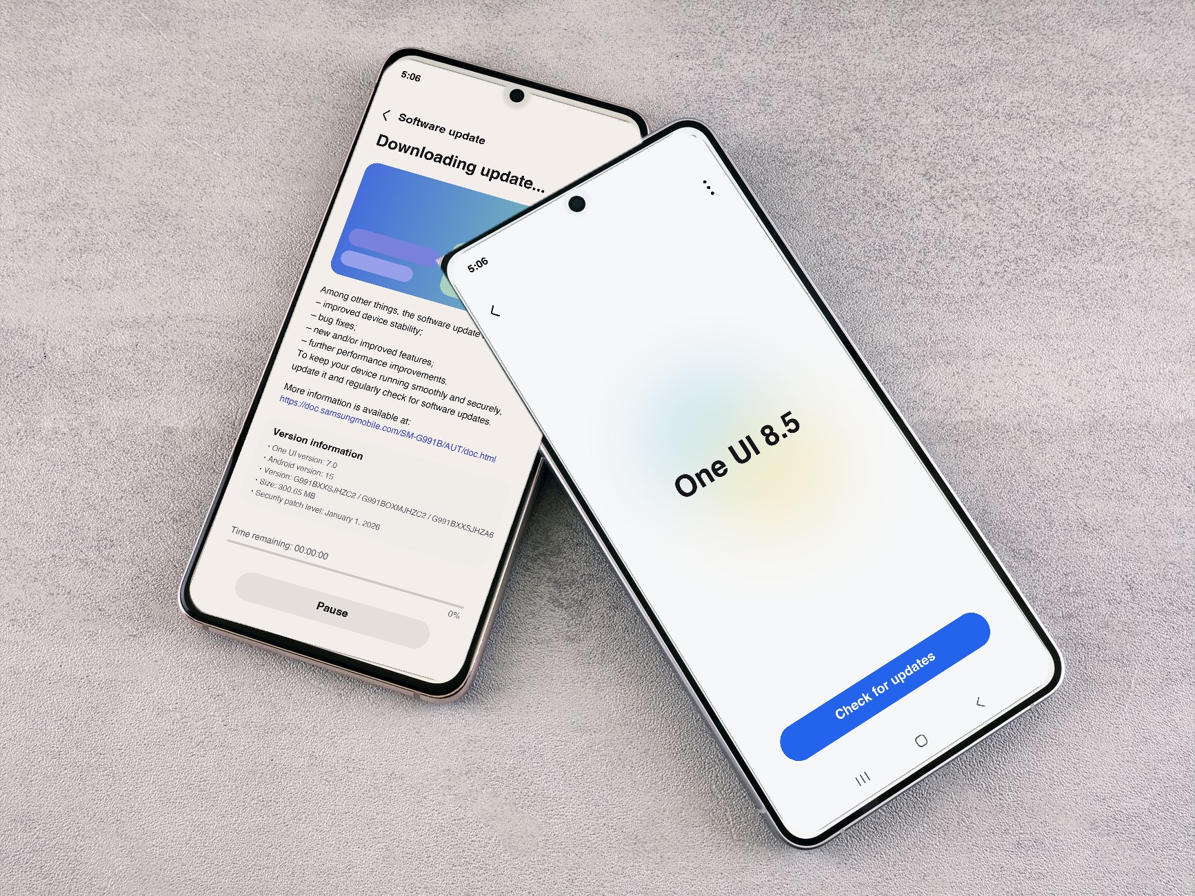 Two Samsung Galaxy phones showing the software update screens