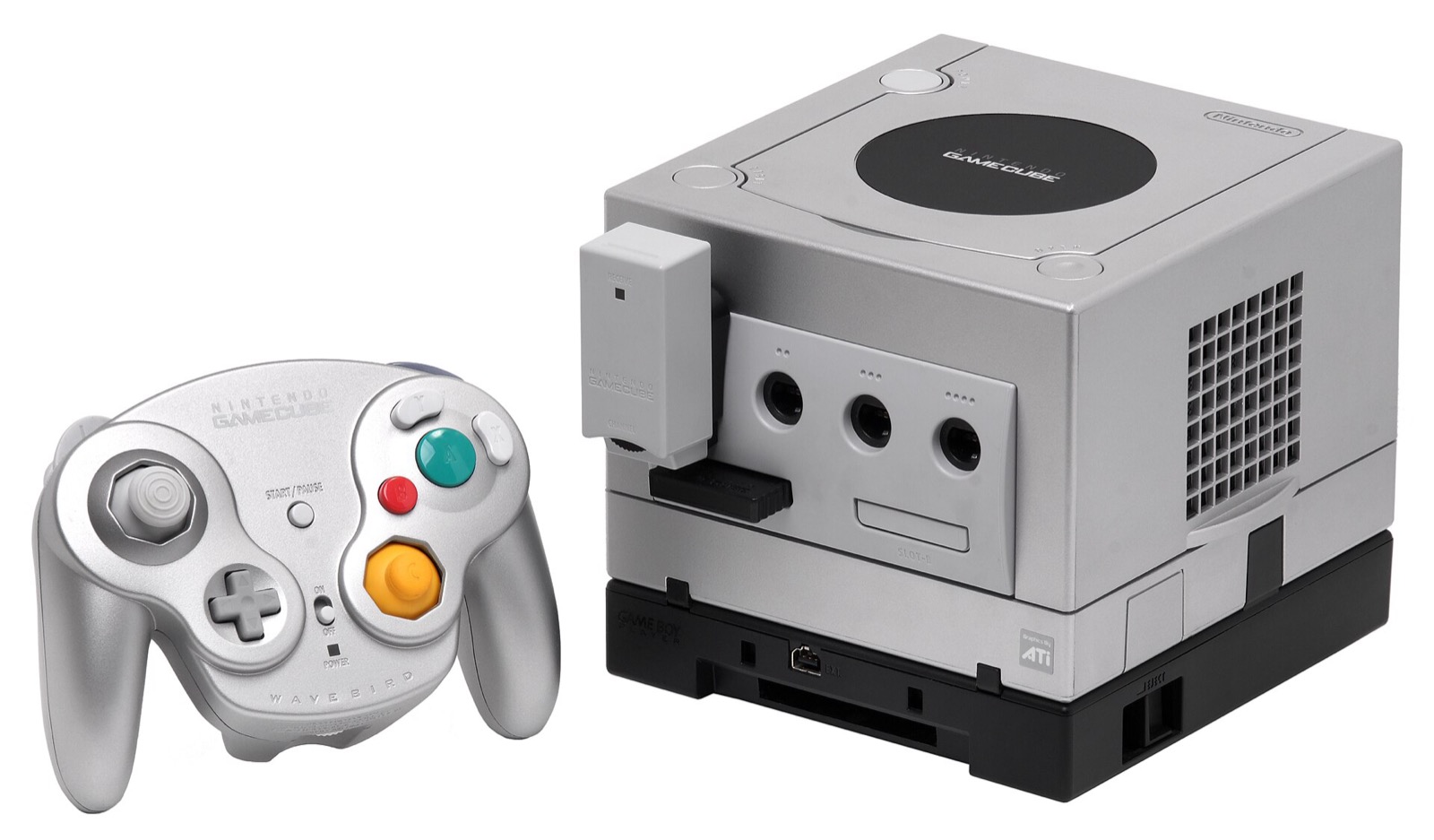 A Platinum Silver GameCube with Game Boy Player and WaveBird controller