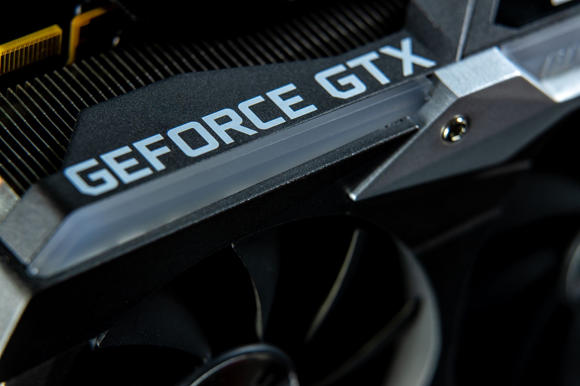 Close-up of the GeForce logo on a graphics card