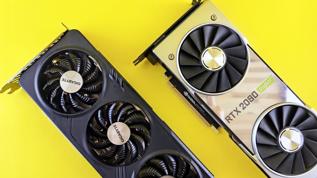Two GeForce RTX graphics cards on a yellow background