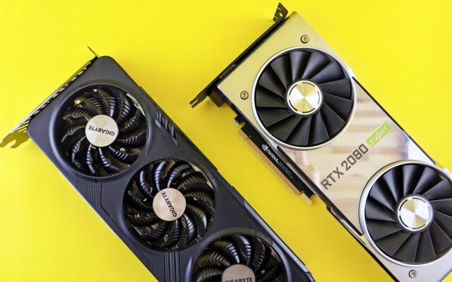Two GeForce RTX graphics cards on a yellow background