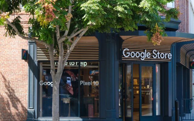 The entrance of a Google Store with Pixel signage